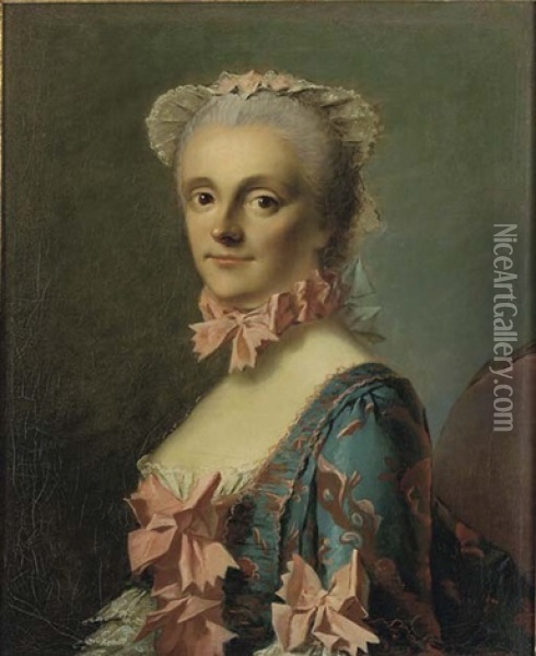 Portrait Of A Lady In A Blue And Pink Dress With A Pink Ribbon Oil Painting - Jean Etienne Liotard