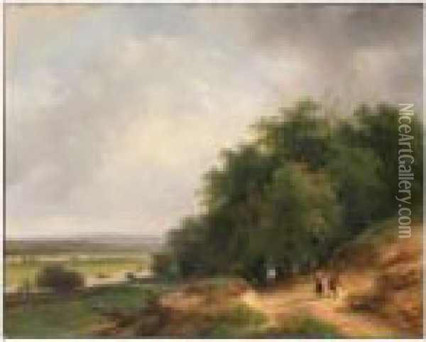 An Extensive Wooded Summer 
Landscape With A Man On A Horseback Andtravellers On A Sloping Sandy 
Track Oil Painting - Andreas Schelfhout