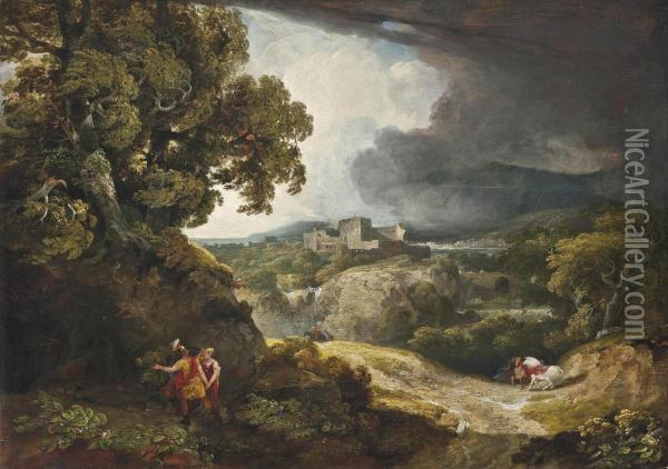 A Classical Landscape With Dido And Aeneas Sheltering From The Storm, Carthage Beyond Oil Painting - George Arnald