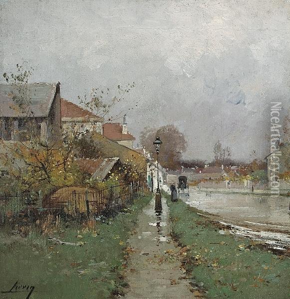 A Village Street Under Somber Skies Oil Painting - Eugene Galien-Laloue