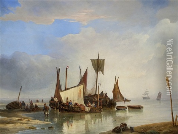 Fischer Bei Den Booten Oil Painting - George Willem Opdenhoff