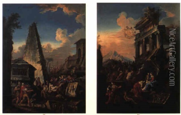 Ruinlandskab Med Kristusbarnets Tilbedelse Og Nedtagelsen Af Korset Oil Painting - Giovanni Paolo Panini