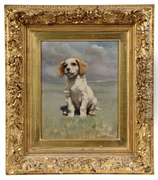 Spaniel Puppy In Sunny Field Oil Painting - Charles S. Parker