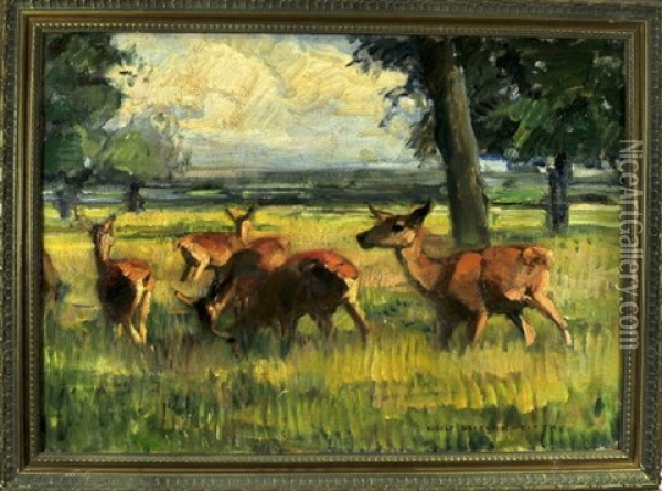Eine Herde Rehe Auf Der Wiese Am Waldrand Oil Painting - Max Rudolf Schramm-Zittau