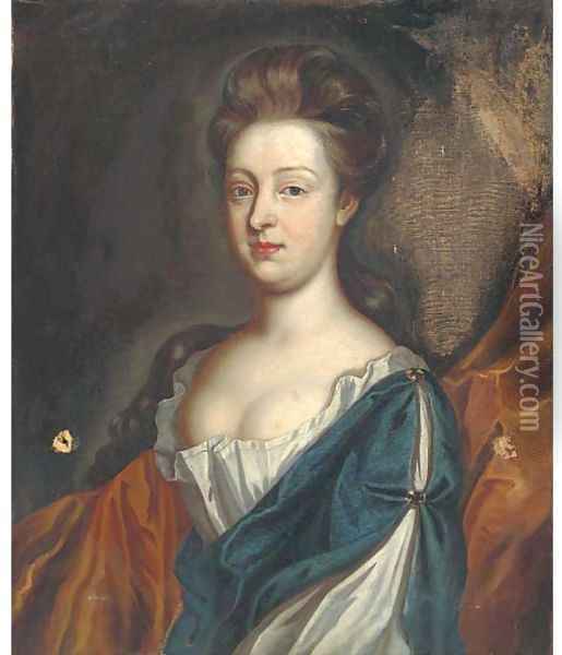 Portrait of a lady, half-length, wearing a blue and white dress with a gold wrap Oil Painting - Sir Godfrey Kneller