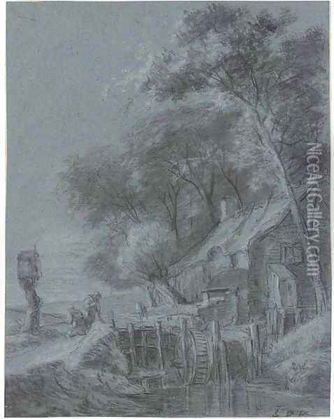A mill on a wooded riverbank, with two labouring peasants Oil Painting - Simon De Vlieger