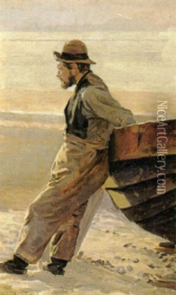 Fisker Ved Sin Bad Pa Stranden Oil Painting - Christian Ferdinand Andreas Molsted