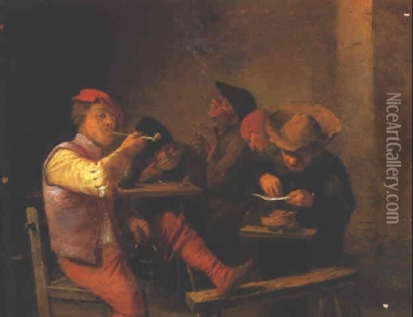 Boors Smoking In A Tavern Oil Painting - Adriaen Brouwer