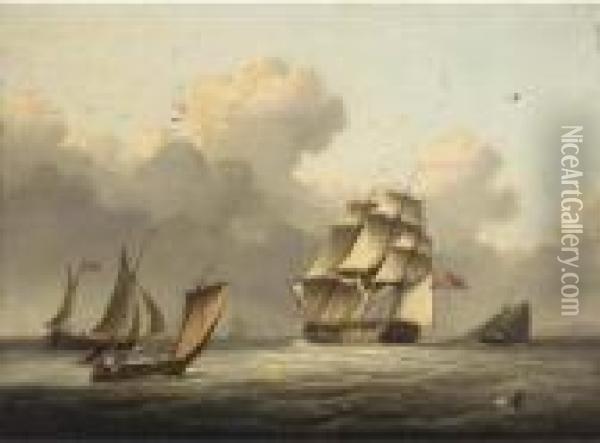 An Outward-bound Frigate Running Down The Channel Oil Painting - Thomas Buttersworth