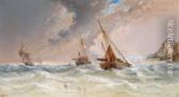 Barche Pescherecce Che Approdano
 In Mare Mosso Di Fronte Ad Una Cittadina Portuale In Inghilterra 
Meridionale Oil Painting - Arthur Joseph Meadows