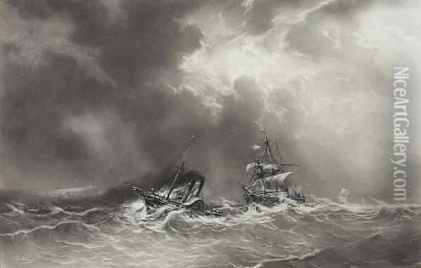 A Paddle Steamer Towing A Ship On Stormy Seas Oil Painting - Auguste Ballin