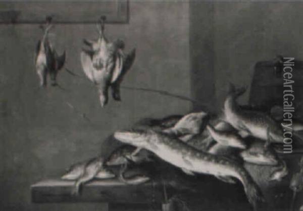 A Still Life Of Fish Arranged On A Table With Game Oil Painting - Jan van Noordt