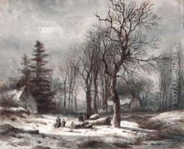 Woodgatherers Near Farm Buildings In Winter (recto); A Hilly Riverlandscape (verso) Oil Painting - Hendrikus van den Sande Bakhuyzen