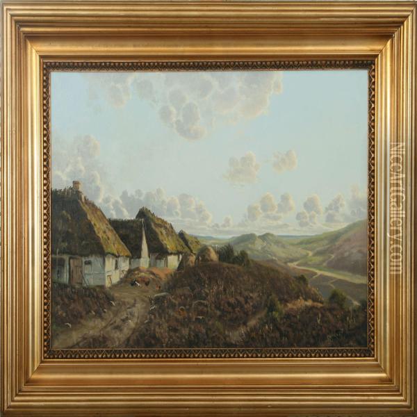 Heath With Thatched Houses Oil Painting - Aage Giodesen