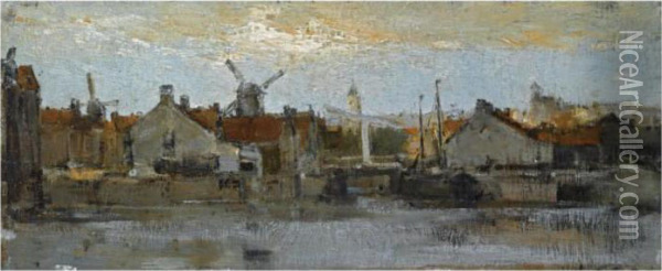 A View Of A Dutch Town At The Waterfront Oil Painting - Jacob Henricus Maris