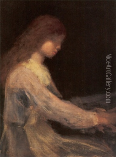 Portrait Of A Young Girl Playing Piano Oil Painting - Arthur B. Davies