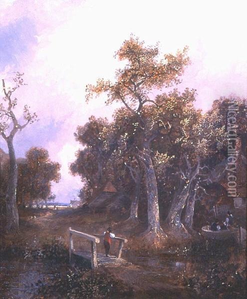 Figure On A Bridge In A Wooded Landscape Oil Painting - Joseph Paul