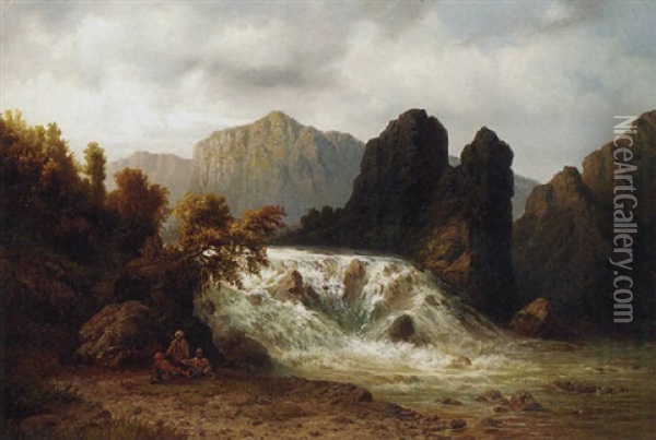 Figures Resting By A Waterfall In A Mountainous Landscape Oil Painting - Waldemar Knoll