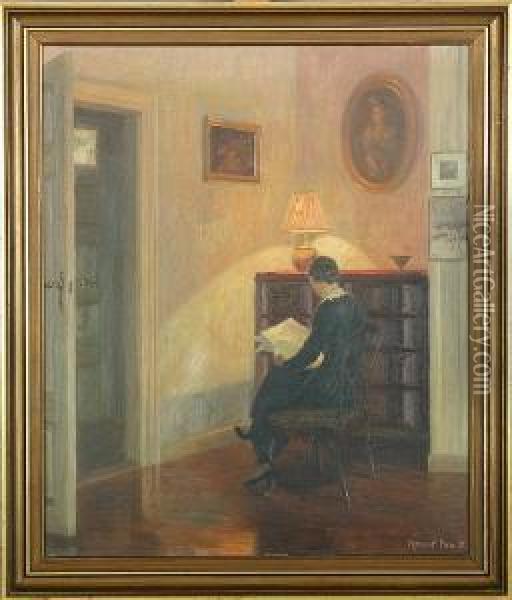 Interior With Reading Woman Oil Painting - Robert Panitzsch