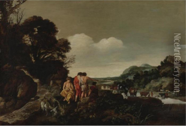 Landscape With Herdsmen And Animals By A Stream Oil Painting - Moyses or Moses Matheusz. van Uyttenbroeck