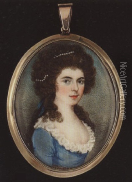 The Hon. Anne, Lady Russell, Wearing Strand Of Pearls And Blue Ribbon In Her Hair And Decollete Blue Dress With Frilled White Collar Oil Painting - Frederick Buck