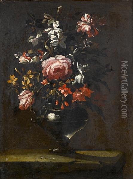 Roses, Carnations, Orange Blossom And Otherflowers In A Glass Vase On A Stone Ledge Oil Painting - Bartolome Perez
