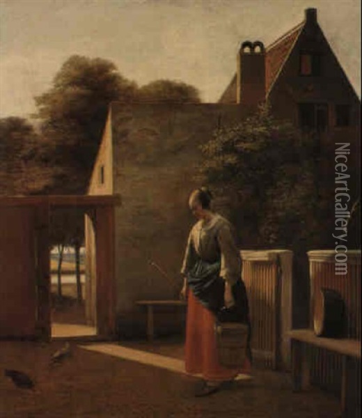 A Man With A Broom And A Pail In A Sunlit Courtyard Oil Painting - Pieter De Hooch