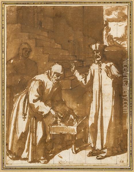 A Monk Grasping Hot Coals Before A Cleric Oil Painting - Domenico Cresti Il Passignano
