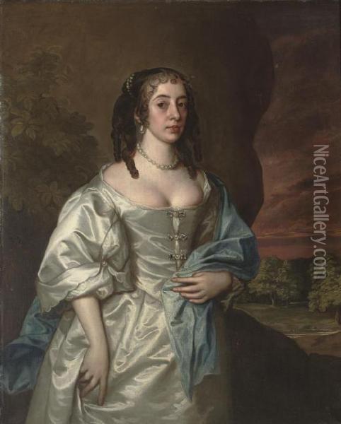 Portrait Of A Lady Of The 
Osborne Family, Three-quarter-length, In An Oyster Satin Dress And Blue 
Wrap, With Pearl Ornaments, A Landscape Beyond Oil Painting - Jacob Huysmans