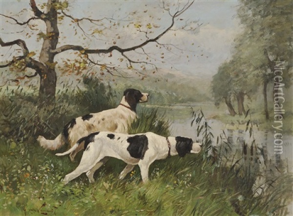 Two Hunting Dogs On The Streamside Oil Painting - Jan van Vuuren