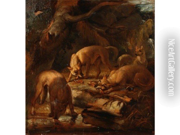 Four Hounds In A Woodland Oil Painting - Philipp Reinagle