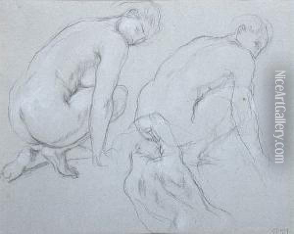 Studies Of Nude Figures Stooping, Another With Her Arm Above Her Head Oil Painting - Charles Haslewood Shannon