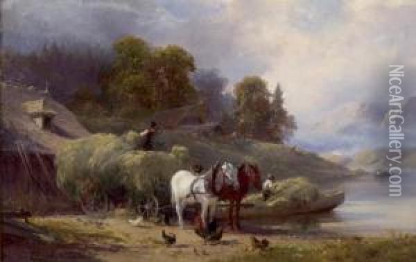 Gegenstucke: Bauern Beim Verladen Von Heu Und Bauer Mit Pferden Vor Seeufer Oil Painting - Edward Theodore Compton