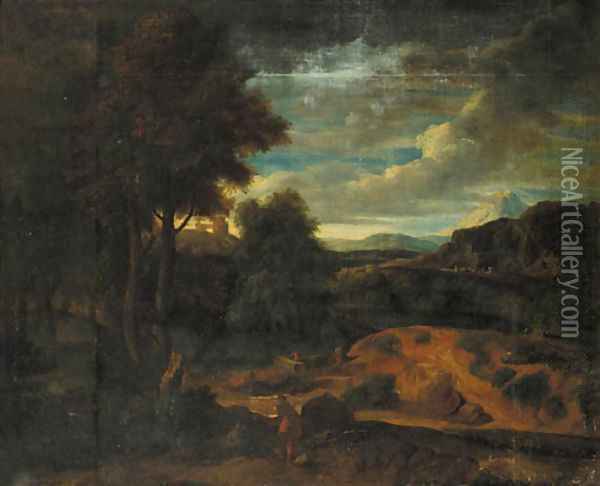 An Italianate landscape at sunset with shepherds in the foreground Oil Painting - Gaspard Dughet