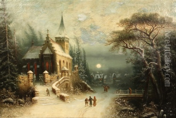 Romantic Moonlit Winter Landscape With Stone Church And Distant Village Oil Painting - Albert Bredow