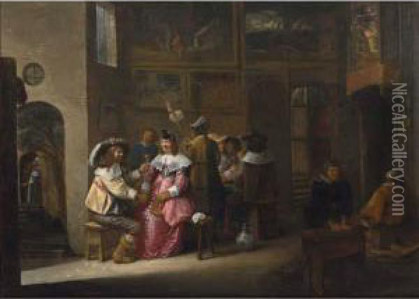 An Elegant Company Drinking In An Interior, A Maid Scouring A Pot In The Foreground Oil Painting - Joos van Craesbeeck