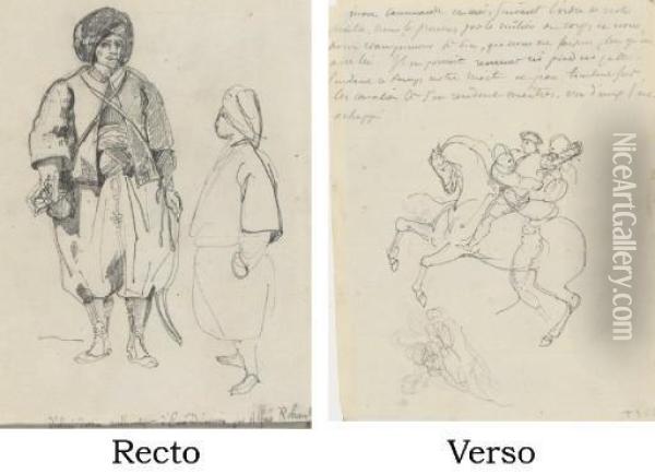 Etude De Deux Hommes Arabes 
(recto); Deux Combattant Sur Un Meme Cheval Se Cabrant (verso) Oil Painting - Eugene Delacroix