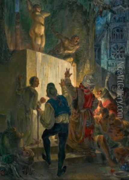 Scene De Comedie Sur La Place D'une Eglise Oil Painting - Luc Lafnet