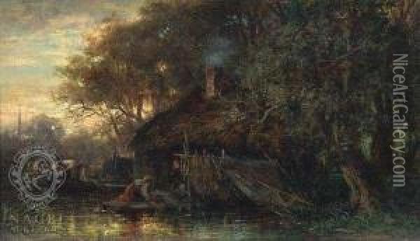 Fishing Hut Atlakeshore At Sunset Oil Painting - Carl Ebert