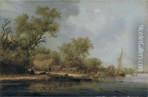 A River Landscape With Boatbuilders Oil Painting - Salomon van Ruysdael