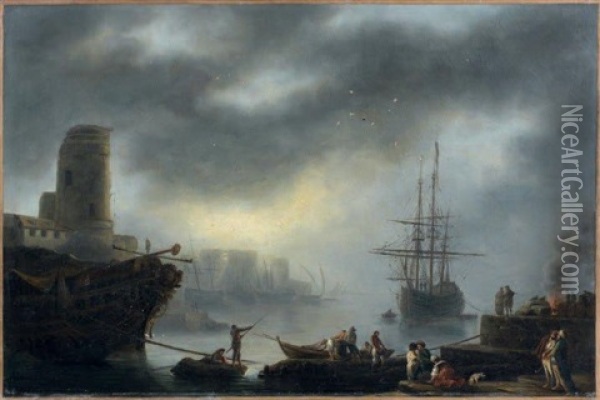 Scene De Port Animee Oil Painting - Jean Baptiste Francois Genillion