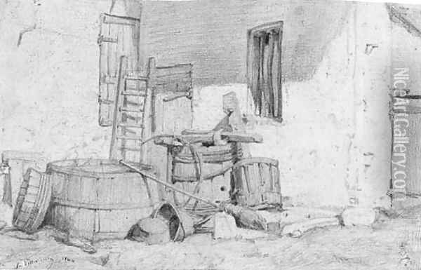 Barrels stacked in the angle of cottage wall Oil Painting - Leon Villevielle