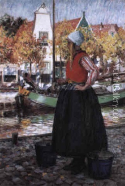 Woman Along Canal Oil Painting - George Hitchcock