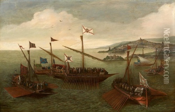 Navires Portugais Devant La Baie De San Sebastian (?) Oil Painting - Andries Van Eertvelt