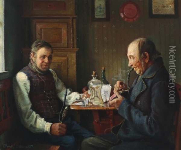 Interior With Men Smoking Pipes Oil Painting - Emilie (Caroline E.) Mundt