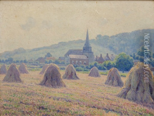 'dave, Les Gerbes' / Wheat Sheaves In The Belgian Village Dave-sur-meuse Oil Painting - Rodolphe Paul Wytsman