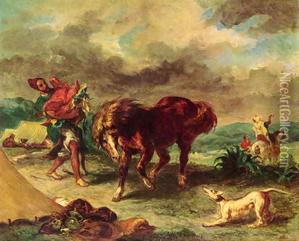 The Maroccan and its horse Oil Painting - Eugene Delacroix