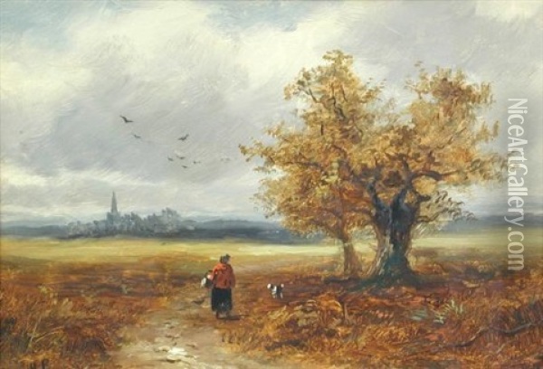 Woman On A Country Path With Her Dog, A Cathedral Town In The Background Oil Painting - Herbert Sidney Percy