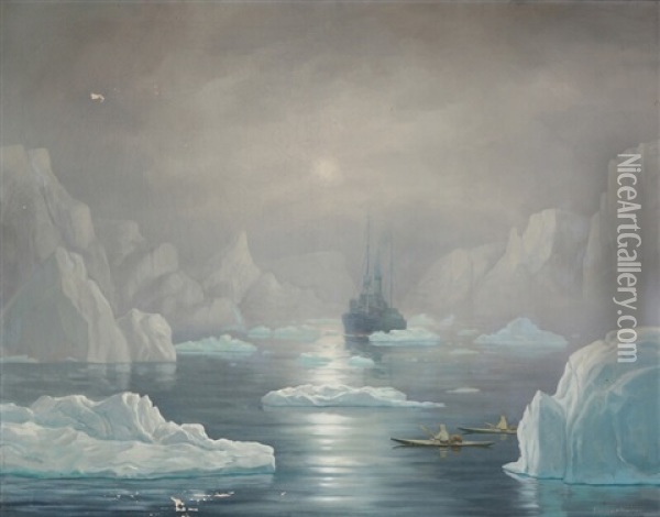 Kayaks And A Ship In A Greenlandic Fiord Oil Painting - Emanuel A. Petersen