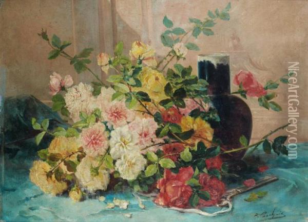Jetee De Roses Pres D'un Vase En Porcelaine. Oil Painting - Eugene Henri Cauchois